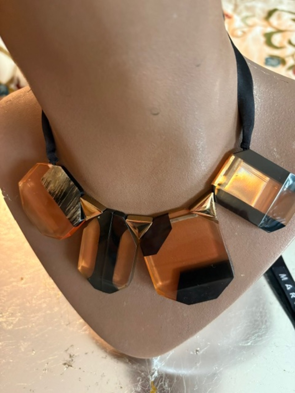 MARNI Statement Amber & Black Resin Necklace with Black Ribbon